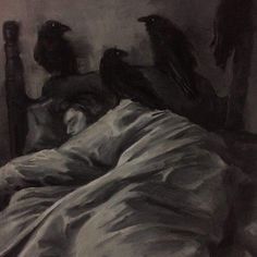 a drawing of two birds sitting on top of a bed