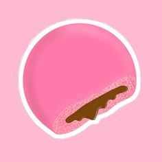 a pink donut with chocolate icing and sprinkles in the middle