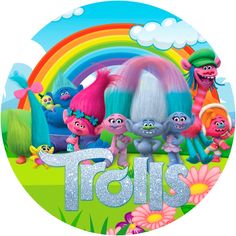 a group of cartoon characters standing in front of a rainbow