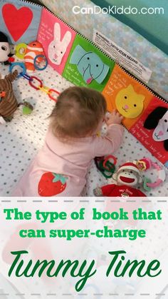 a toddler playing with toys on the floor in front of a book shelf that says, the type of book that can super - charge funny time