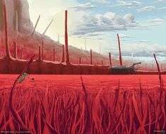 a painting of a red landscape with tall grass