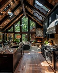 a kitchen with an oven, stove and sink under a vaulted ceiling in a house