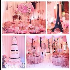 a collage of photos with pink and white decor at a paris themed wedding reception