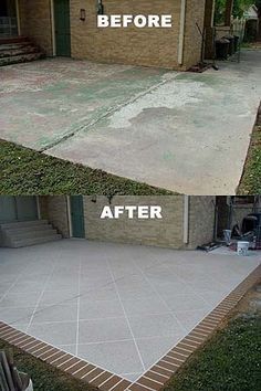 before and after photos of a concrete patio being laid in front of a brick house