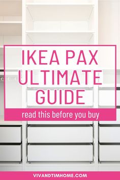 White Ikea Closet with shelves and drawers. Text Reads: Ikea PAX Ultimate Guide Pax Wardrobe Ideas, Dream Walk In Closet, Tidy Wardrobe, Spare Room Walk In Closet, Walk In Closet Ikea, Ikea Closet Hack, Diy Walk In Closet, Ikea Closet Organizer