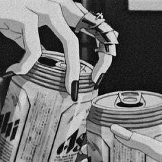 a black and white drawing of a person reaching for cans with their hands on them