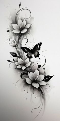 a black and white drawing of flowers with butterflies on it's side, in the middle