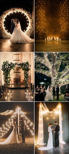 a collage of photos with lights in the shape of trees and people standing around