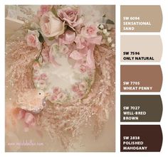 the color scheme is brown, pink and white with flowers on it's side