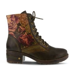 OLIVE Brown Floral Print Boots For Fall, Fall Floral Print Boots With Round Toe, Winter Floral Print Boots, Leather Boots With Floral Print And Round Toe, Olive Green Shoes, Unique Boots, Steampunk Women, Handcrafted Boots, Wedding Boots