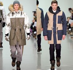 Christopher Raeburn 2014-2015 Fall Autumn Winter Mens Runway Looks Fashion - London Collections - Oversized Outerwear Coat Hoodie Parka Arctic Military Furry Down Puffer Bomber Jacket Duffel Bag Waffle Quilted Tuxedo Stripe Cargo Pockets Polar Bear Winter Parka