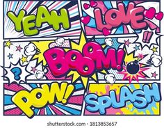 the word boom is written in different colors and shapes, with pop - art effects