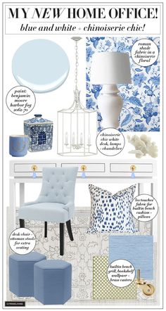 a blue and white color scheme for a new home office with furniture, decor, and accessories