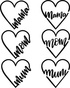 four hearts with the words mama and mom written on them in cursive writing