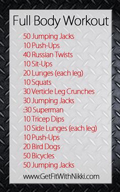 the full body workout list is shown in red and black, with instructions for how to do