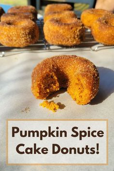 one pumpkin spice donut with a bite out of it, the rest of the baked pumpkin cake donuts in the background. Pumpkin Donuts Baked, Makers Diet, Pumpkin Spice Donut, Pumpkin Spice Cake, Pumpkin Bread Recipe