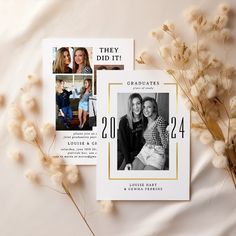 the graduation announcement is displayed next to some dried flowers and cotton stalks on a white background