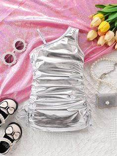 Fashionable Baby Girl Silver Pleated Asymmetrical Dress For Summer Silver   Sleeveless Knitted Fabric Plain Fitted Medium Stretch  Baby Girls Clothing, size features are:Bust: ,Length: ,Sleeve Length: Fashionable Baby, Baby Girls Dresses, Dress For Summer, Holiday Outfit, Asymmetrical Dress, Girls Clothing, Maternity Bag