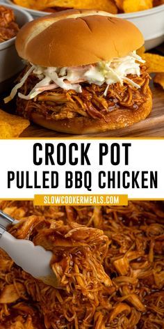 crock pot pulled bbq chicken on a cutting board