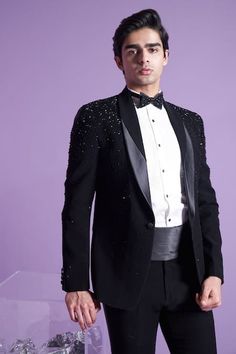 Buy Black Italian Suiting Fabric Hand Embroidered 3d Crystals Nightfall Tuxedo Set For Men by Contrast By Parth Online at Aza Fashions. Reception Dress For Men, Embroidered Tuxedo, Tuxedo Suit For Men, Designer Tuxedo, Blue Tux, Formal Suits Men, Grey Tuxedo, Dresses For Men