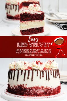 red velvet cheesecake with white frosting and chocolate drizzle