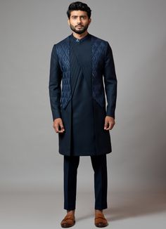 Navy Blue Embroidered Achkan Men Anju Agarwal Threadwork Embroidery, Thread Work Embroidery