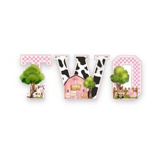 the word love spelled with farm animals and trees