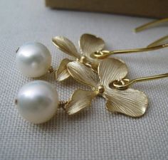 Bridesmaid Orchid Earrings, gift, pearl earrings, Bridesmaid Bridal jewelry, island wedding, sale Elegant Gold Flower Pearl Earrings, Elegant Gold Flower Shaped Pearl Earrings, Elegant Gold Flower-shaped Pearl Earrings, Elegant Yellow Gold Flower Pearl Earrings, Elegant Yellow Gold Flower-shaped Pearl Earrings, Yellow Gold Flower Pearl Earrings For Wedding, Gold Delicate Pearl Earrings For Bridesmaid, Jewelry Island, Bridesmaid Pearl Earrings