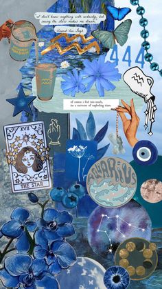 an altered collage with blue flowers and other items