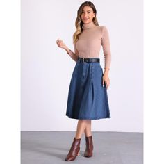 Crafted for comfort and style, this denim pleated skirt offers a modern yet classic appearance. The high waist design adds a touch of sophistication, while the A-line silhouette flatters your figure beautifully. With pleats that create a flowy and elegant drape and functional pockets for added convenience, this midi skirt is ideal for creating effortless and chic outfits. Pair it with a shirt, blouse, or any kind of top for a chic look. Suitable for various occasions such as party, club, shoppin Midi Skirt With Belt, Midi Jean Skirt, Denim Pleated Skirt, Mini Skater Skirt, Midi Jeans, Skirt With Belt, Midi Denim, Elegant Drapes, Denim Midi Skirt