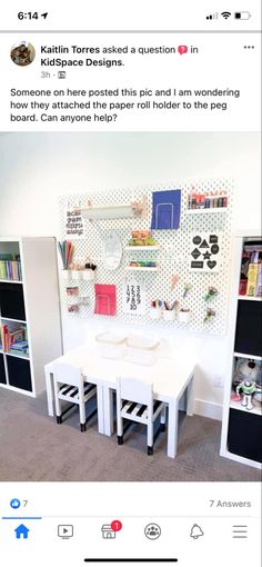 a white table and chairs in a room with shelves on the wall behind it, and an instagram post about how to use them