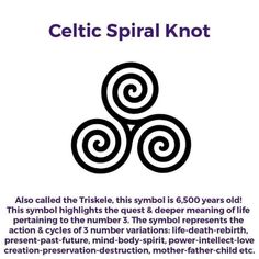 the celtic spiral knot is shown in purple and black on a white background with text