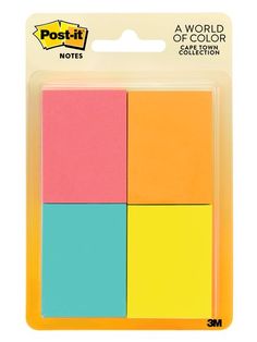 three different colored sticky notes in a package with the words, world of color collection