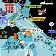 an illustrated map with many different places to go