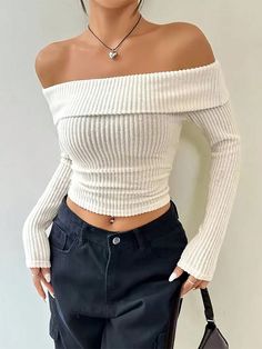 Women Off Shoulder Solid Color Casual Knitted Top White Casual  Long Sleeve Knitted Fabric Plain  Slight Stretch  Women Clothing, size features are:Bust: ,Length: ,Sleeve Length: Off The Shoulder Cropped Sweater, Polos Manga Larga Aesthetic, Polos Aesthetic, Tops Manga Larga, Off Shoulder T Shirt, Rib Knit Top, Pullover Outfit, Fits Clothes, Backless Top