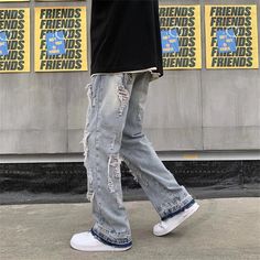 Men's Ripped Jeans Punk Jeans Hip Hop Denim Trouser Pants – Atom Oracle Wide Leg Jeans Men, Punk Denim, Punk Jeans, Hip Hop Trends, Ripped Jeans Men, Punk Inspiration, Denim Trousers, College Fashion, Trouser Pants