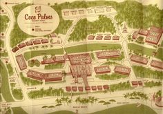 an old map shows the location of coco pelos in this tropical area, with palm trees and buildings