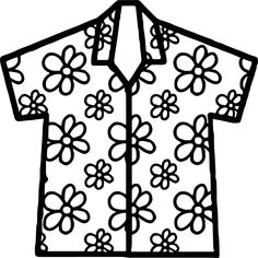 a black and white drawing of a shirt with flowers on the front, in an outline style