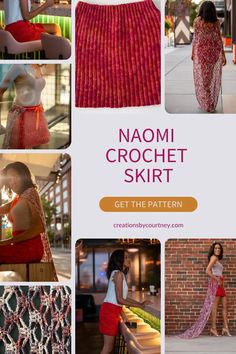 a woman wearing a skirt and top with the words, nomi crochet skirt get the pattern