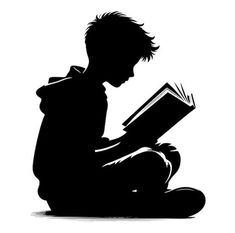 a boy sitting on the floor reading a book silhouetted against a white background illustration