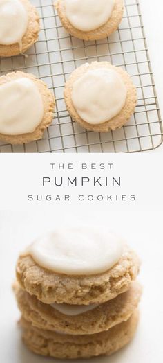 the best pumpkin sugar cookies with cream cheese frosting on top are cooling on a wire rack