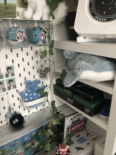 there is a stuffed animal on the shelf next to books and other items in this room