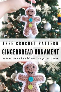 a crocheted gingerbread ornament hanging from a christmas tree with text overlay that says free crochet pattern