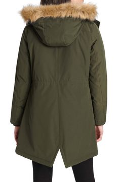 Leave it to Levi's to fuse practicality and style in this midweight parka featuring dual-entry pockets and detachable faux fur trimming the hood. Leave the silhouette loose for a relaxed feel or cinch the drawstring waist to give your look a little definition. 33" length Front zip closure with snap storm placket Drawstring hood with removable faux-fur trim Rib knit storm cuffs Dual-entry pockets Adjustable toggle-drawcord waist Back vent Wind-resistant; water-resistant Quilted lining, with 100% Solid Parka With Fleece Lining For Hiking, Hiking Parka With Fleece Lining, Fleece Lined Parka For Outdoor Activities, Parka With Detachable Hood For Fall, Fall Nylon Parka With Adjustable Hood, Hooded Nylon Parka For Cold Weather, Fall Nylon Parka With Fleece Lining, Winter Hiking Parka With Drawstring Hood, Solid Nylon Parka For Cold Weather