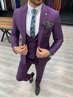 #ad Premium Men Suit 3 Piece Purple Peak Lapel Dinner Party Prom Groom Tuxedo Wedding Custom, Fashion Mens Suit Men Suits Wedding, Terno Slim, Purple Suit, Slim Fit Suit Men, Suits Prom, Pants Gift, Purple Suits, Slim Fit Tuxedo, Dress Suits For Men