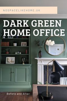 Dark green home office with desk with built in cupboards and shelving in a Georgian house. Edwardian Study Room, Dark Green Office Ideas, Modern Victorian Office, Dark Green Study, Green Study Room, Victorian Study Room, Dark Green Home Office, Dark Green Office, Dark Green Home