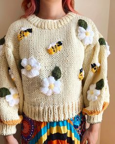 Crop Bee Knit Cardigan Big Daisy Sweaterc Hunky Sweater Big - Etsy Hunky Sweater, Bee Cardigan, Anne Lester, Bee Sweater, Big Daisy, Kawaii Sweater, Clothes Crochet, Winter Cardigan, Crochet Inspiration