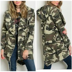 100% Cotton. Front Zip Closure. Tab Button Cuffs. Attached Hood With 2 Flap Side Pockets. Waist And Bottom Drawstring For A More Fitted Or Loose Longline Style. Spring Camouflage Hooded Outerwear, Camouflage Military Outerwear For Spring, Trendy Camouflage Outerwear For Fall, Winter Camouflage Cotton Outerwear, Long Sleeve Camouflage Outerwear For Spring, Fall Camouflage Cotton Outerwear, Camouflage Outerwear For Workwear In Fall, Fall Camouflage Outerwear For Work, Army Camo Jacket