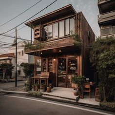 the front of a restaurant with plants growing out of it's windows and doors