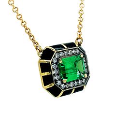 Tsavorite, a type of garnet, is prized for its pure green hue and is stunning when paired with diamonds. This eye-catching emerald-cut gemstone stands out against the midnight black enamel. A scintillating halo of accent diamonds complements the beauty of this rare gemstone, adding one more dimension of romance to this incredible one-of-a-kind piece. All of this is complemented by 18-karat yellow gold detail including the chain and accents on the pendant. This wearable piece of art will be appre Luxury Emerald Necklace With Jewels, Luxury Tsavorite Jewelry With Gemstone Accents, Luxury Green Emerald Cut Necklace, Luxury Emerald Jewelry With Single Cut Diamonds, Luxury Green Emerald Necklaces, Green Emerald Necklace With Single Cut Diamonds, Luxury Emerald-cut Emerald Necklace, Luxury Oval Tsavorite Jewelry, Formal Emerald Necklace With Single Cut Diamonds